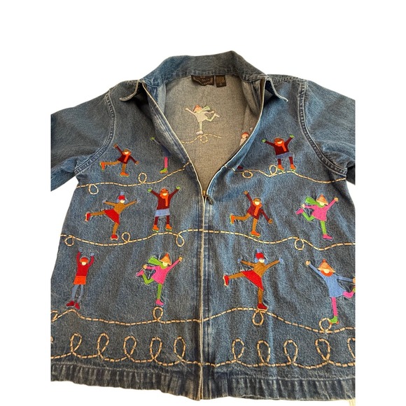 Embroidered Novelty Shacket Ice Skaters Denim Jacket Winter whimsical Teacher M - Picture 2 of 9